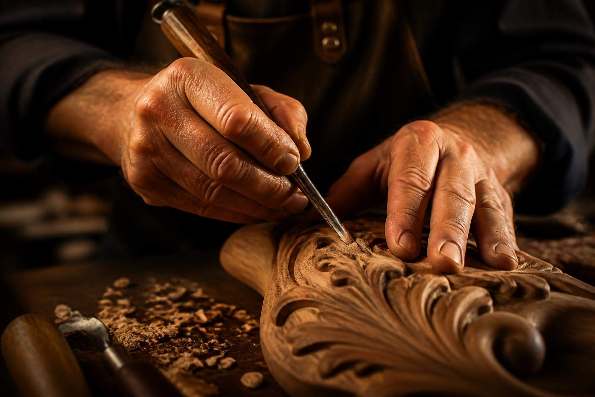 Mains d'ébéniste sculptant le bois